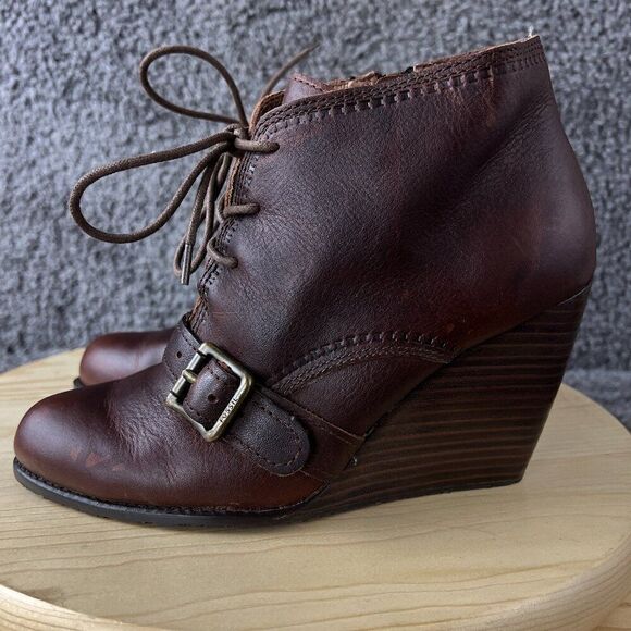 Fossil Wedge Heel Boots Womens 8.5 Brown Leather Ankle Booties Lace Up Shoes - Picture 1 of 10